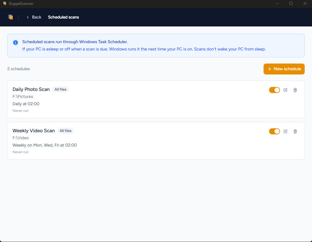 DoppelScanner scheduled scans configuration screen